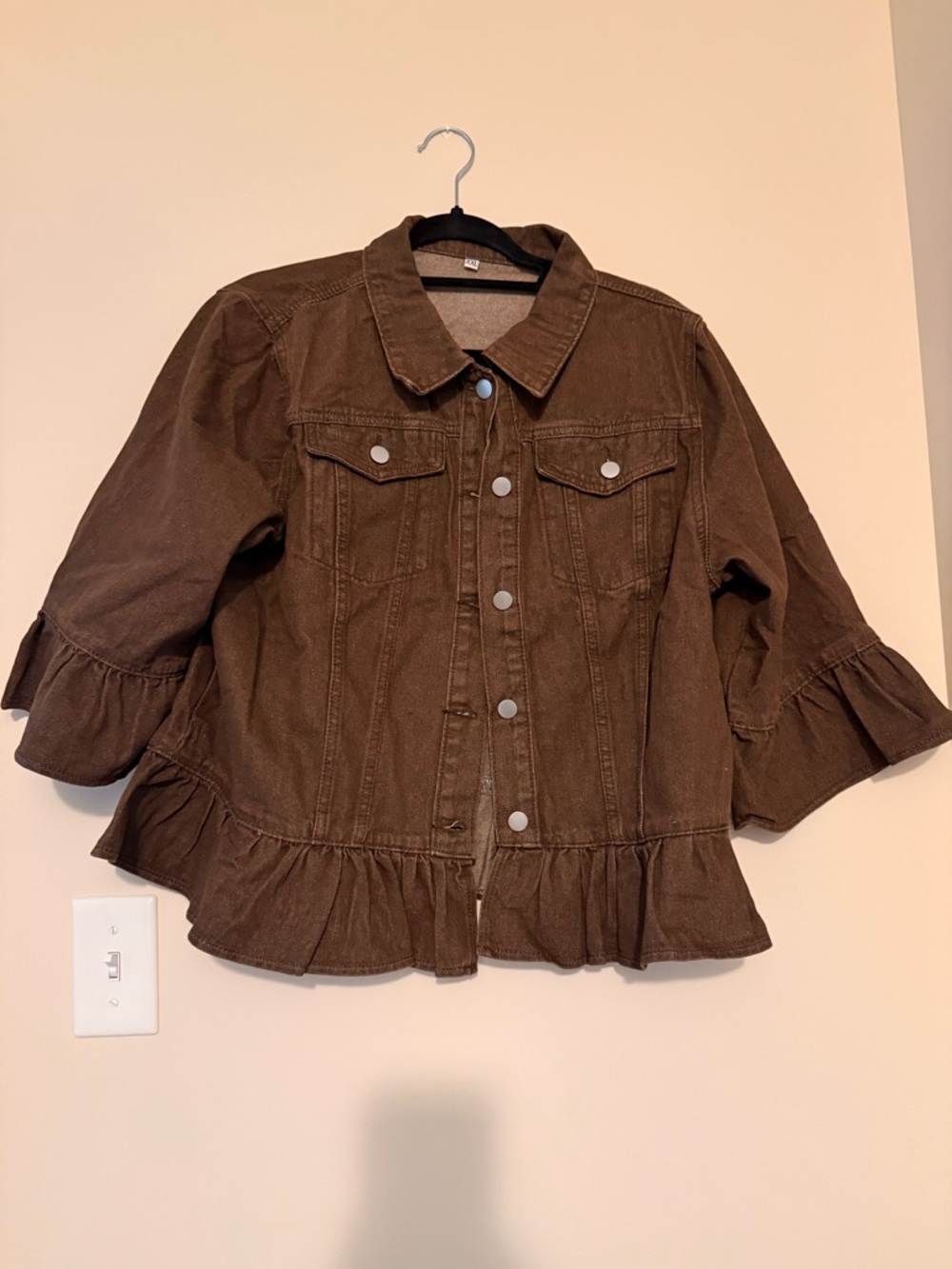 Brown Ruffle Denim Jacket XXL Bell Sleeve Peplum Shacket